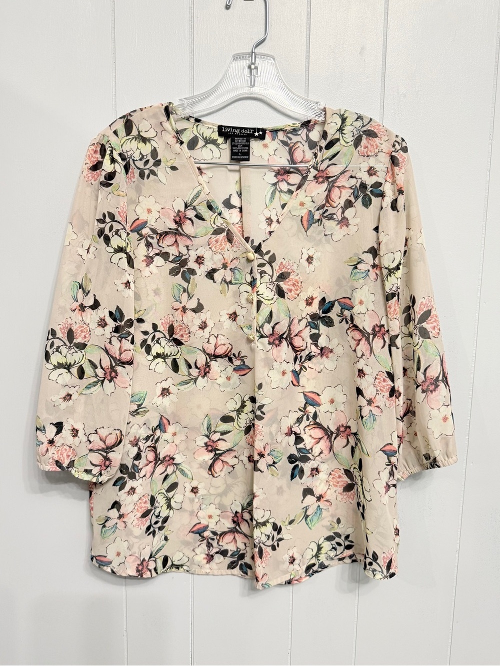 #18) Living Doll Sheer Floral V-Neck Blouse - Blush Floral